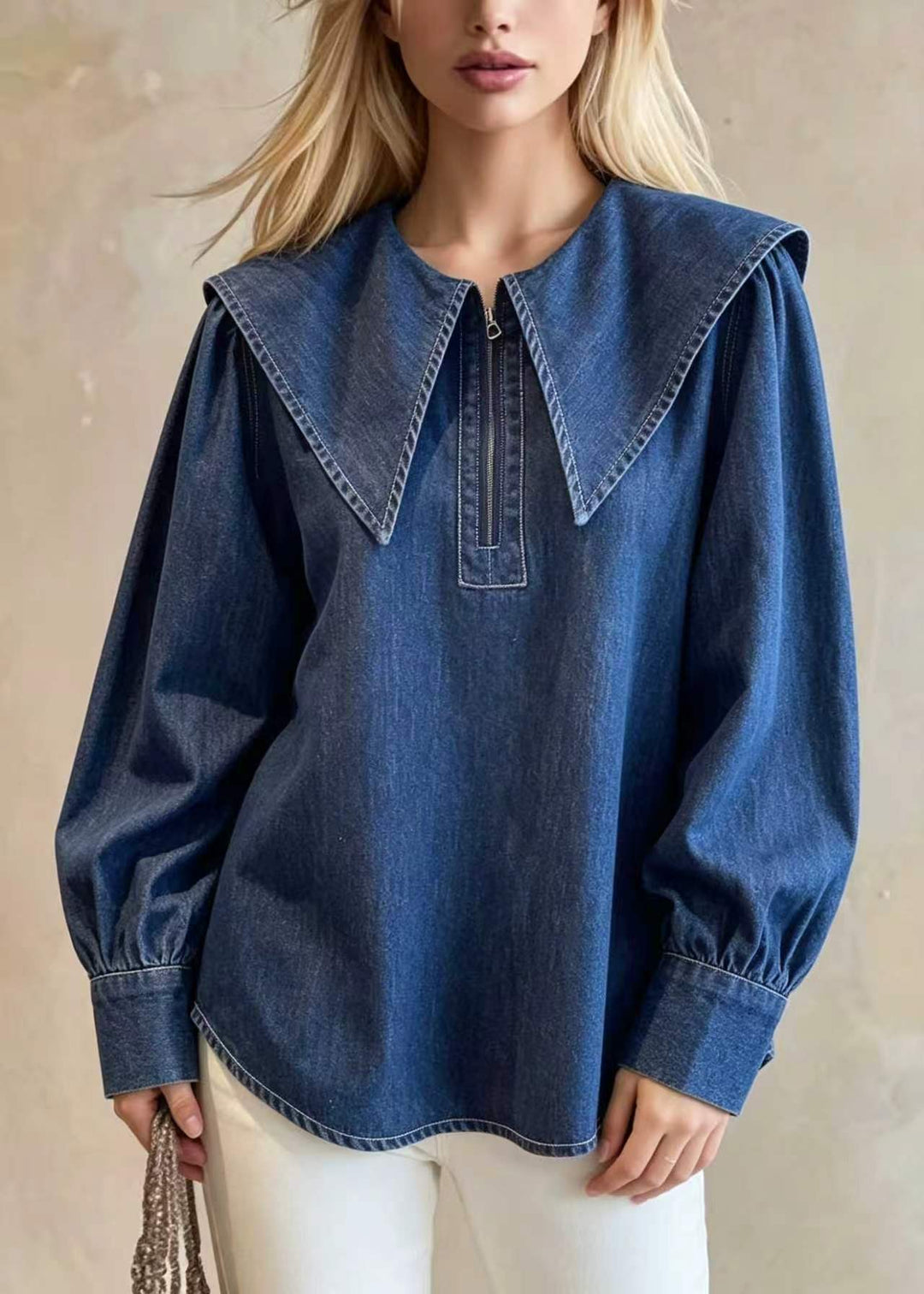 Casual Blue Peter Pan Collar Zip Up Denim Top Fall