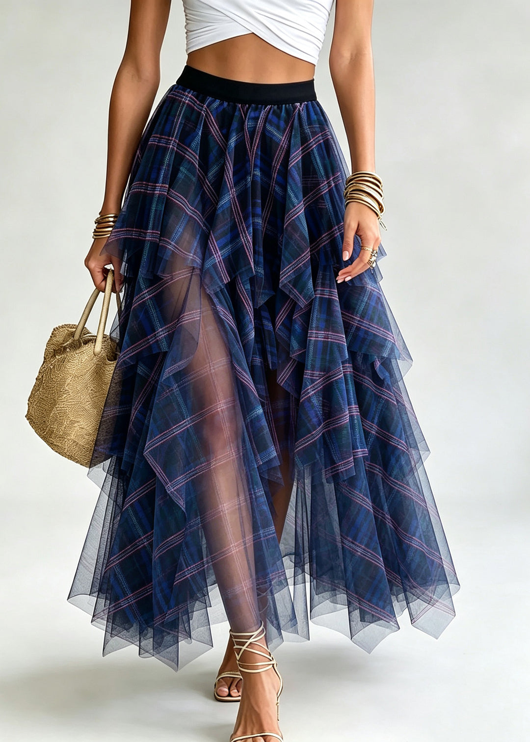 Casual Blue Plaid Elastic Waist Tulle A Line Skirts