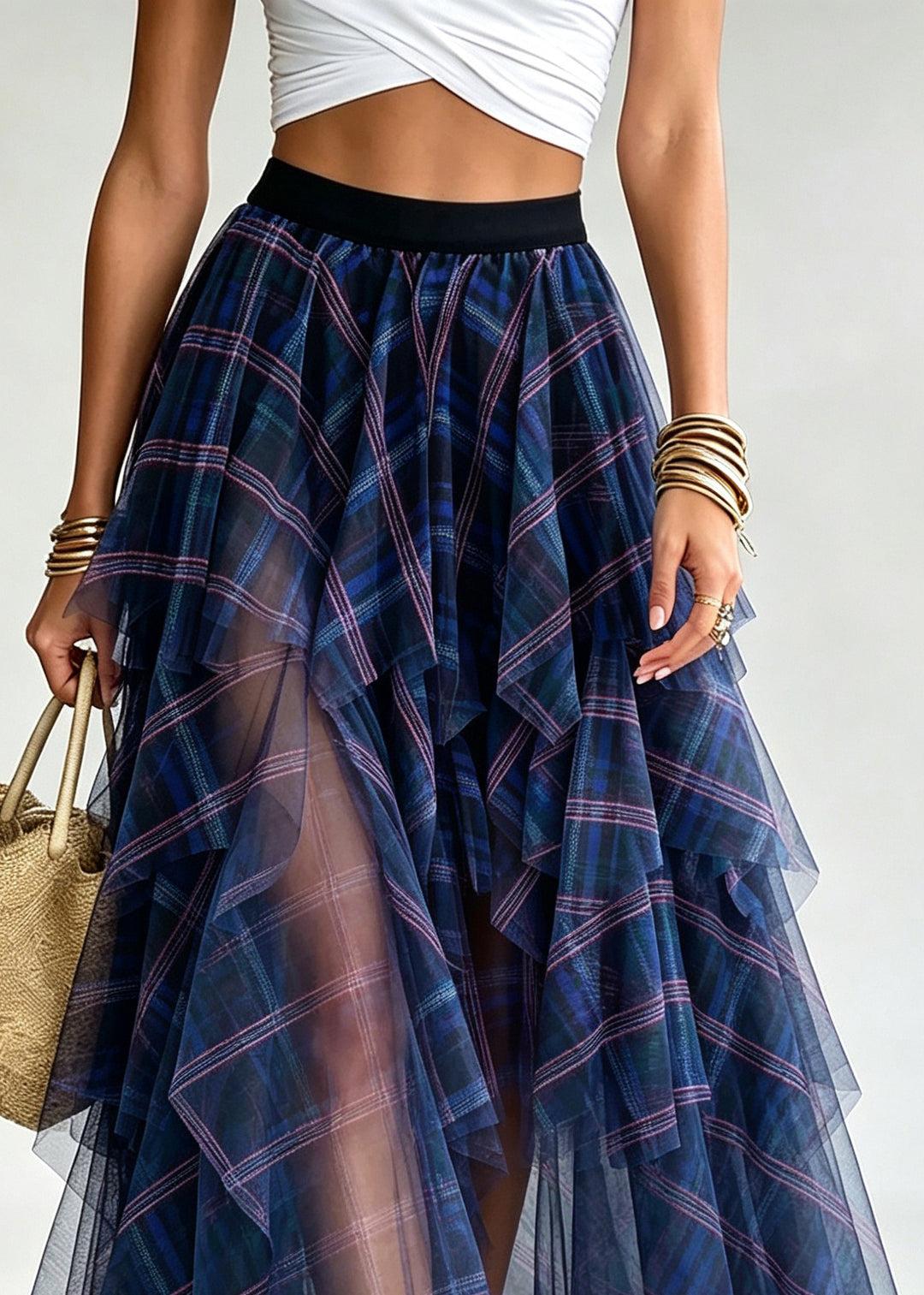 Casual Blue Plaid Elastic Waist Tulle A Line Skirts
