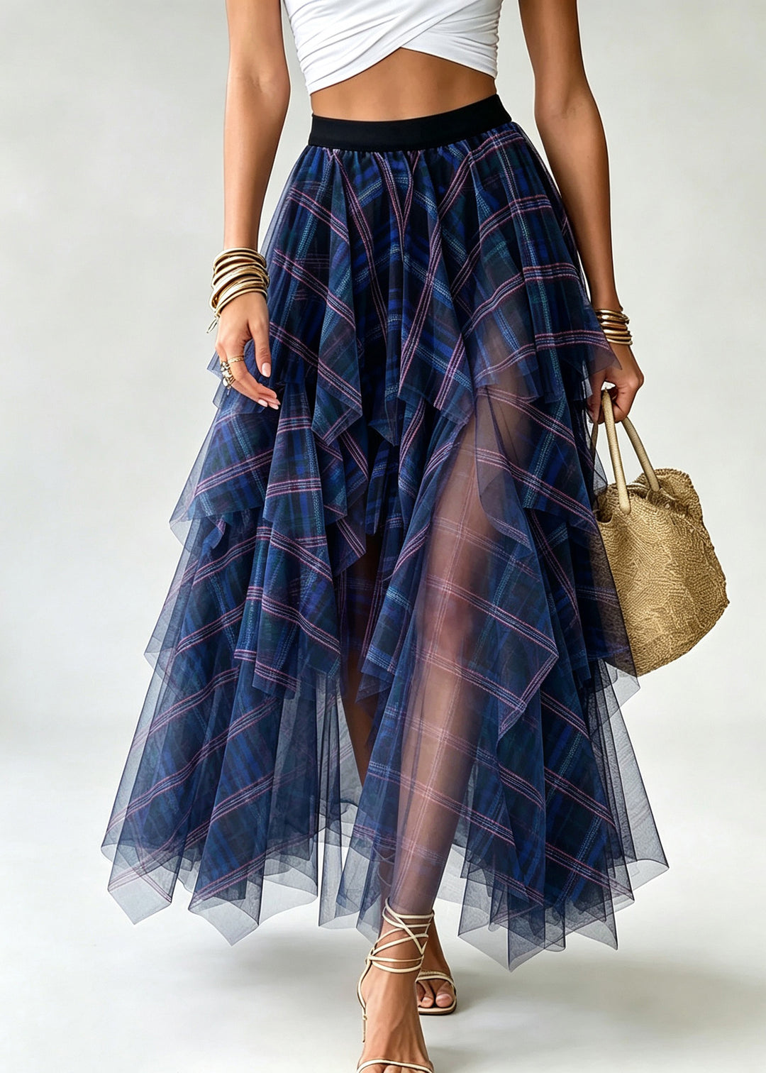 Casual Blue Plaid Elastic Waist Tulle A Line Skirts