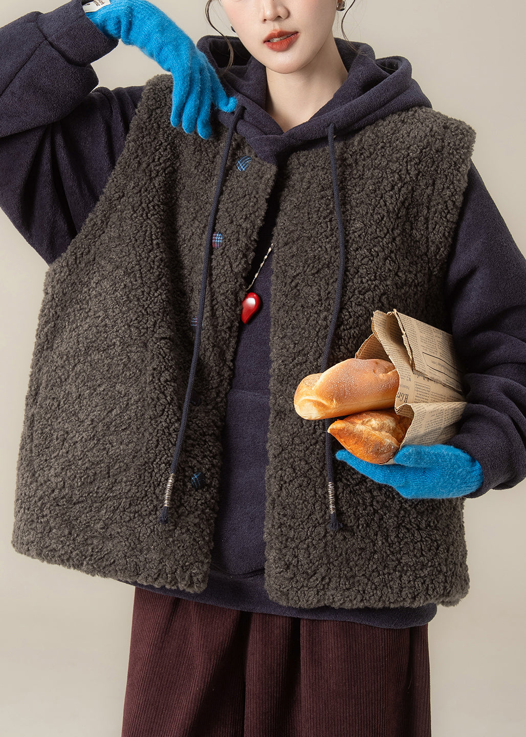 Casual Blue Plaid O-Neck Pockets Warm Faux Fur Waistcoat Winter