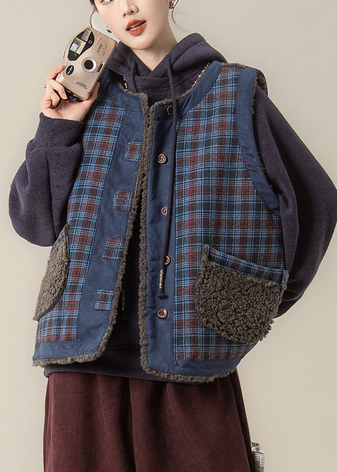 Casual Blue Plaid O-Neck Pockets Warm Faux Fur Waistcoat Winter