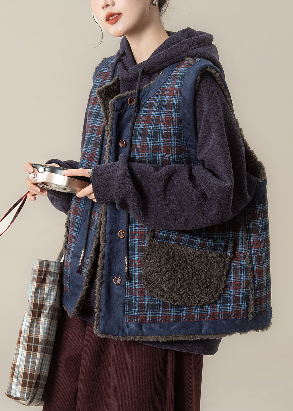 Casual Blue Plaid O-Neck Pockets Warm Faux Fur Waistcoat Winter