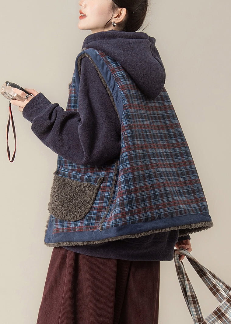 Casual Blue Plaid O-Neck Pockets Warm Faux Fur Waistcoat Winter