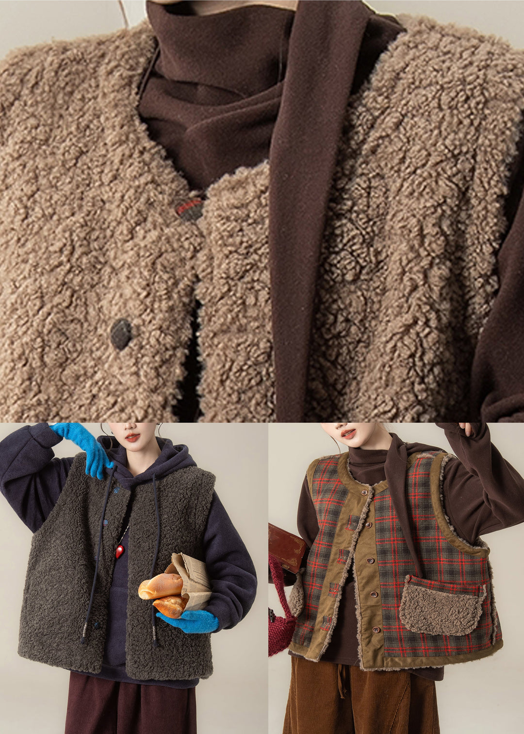 Casual Blue Plaid O-Neck Pockets Warm Faux Fur Waistcoat Winter