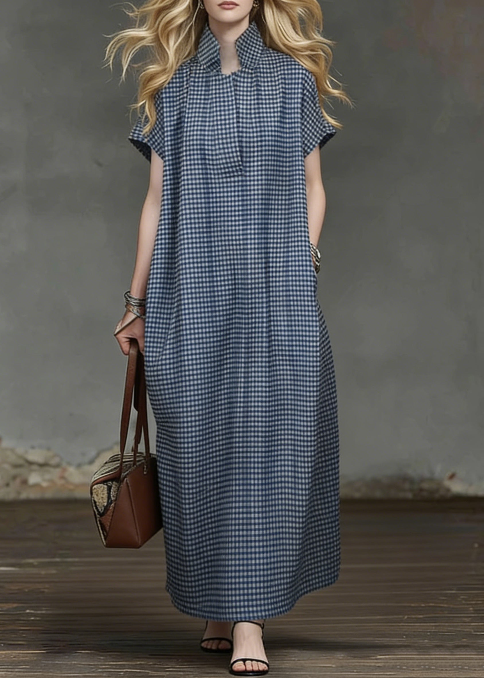 Casual Blue Plaid Pockets Cotton Maxi Dresses Summer - Omychic