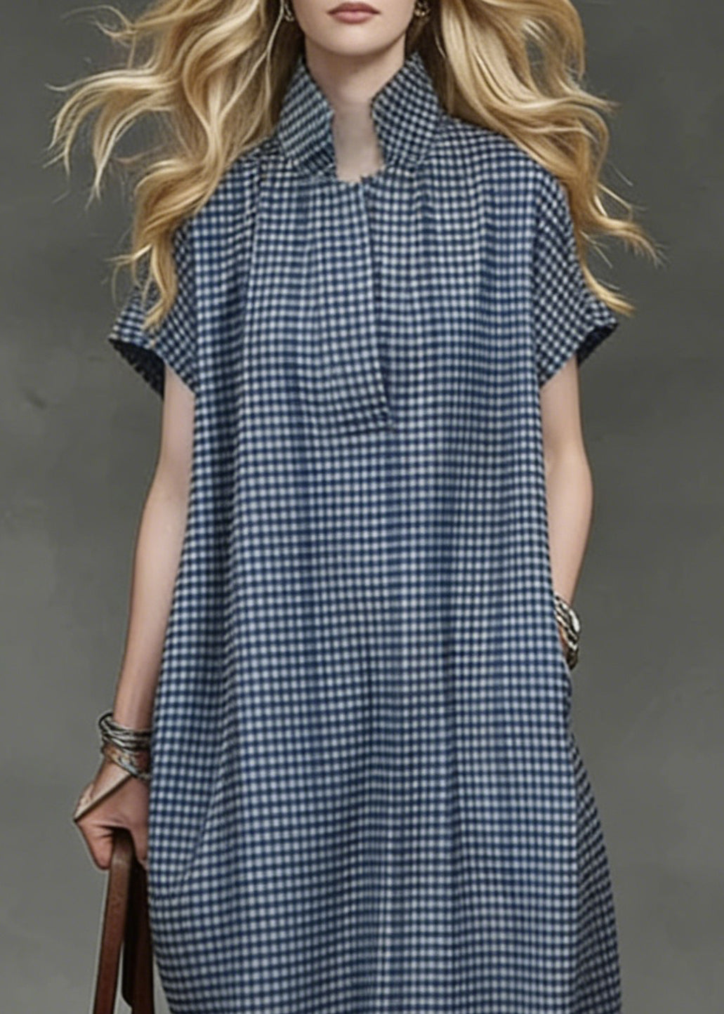 Casual Blue Plaid Pockets Cotton Maxi Dresses Summer - Omychic
