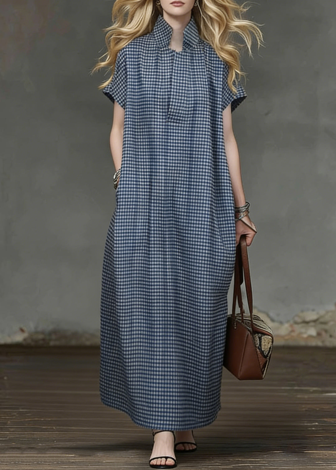 Casual Blue Plaid Pockets Cotton Maxi Dresses Summer - Omychic