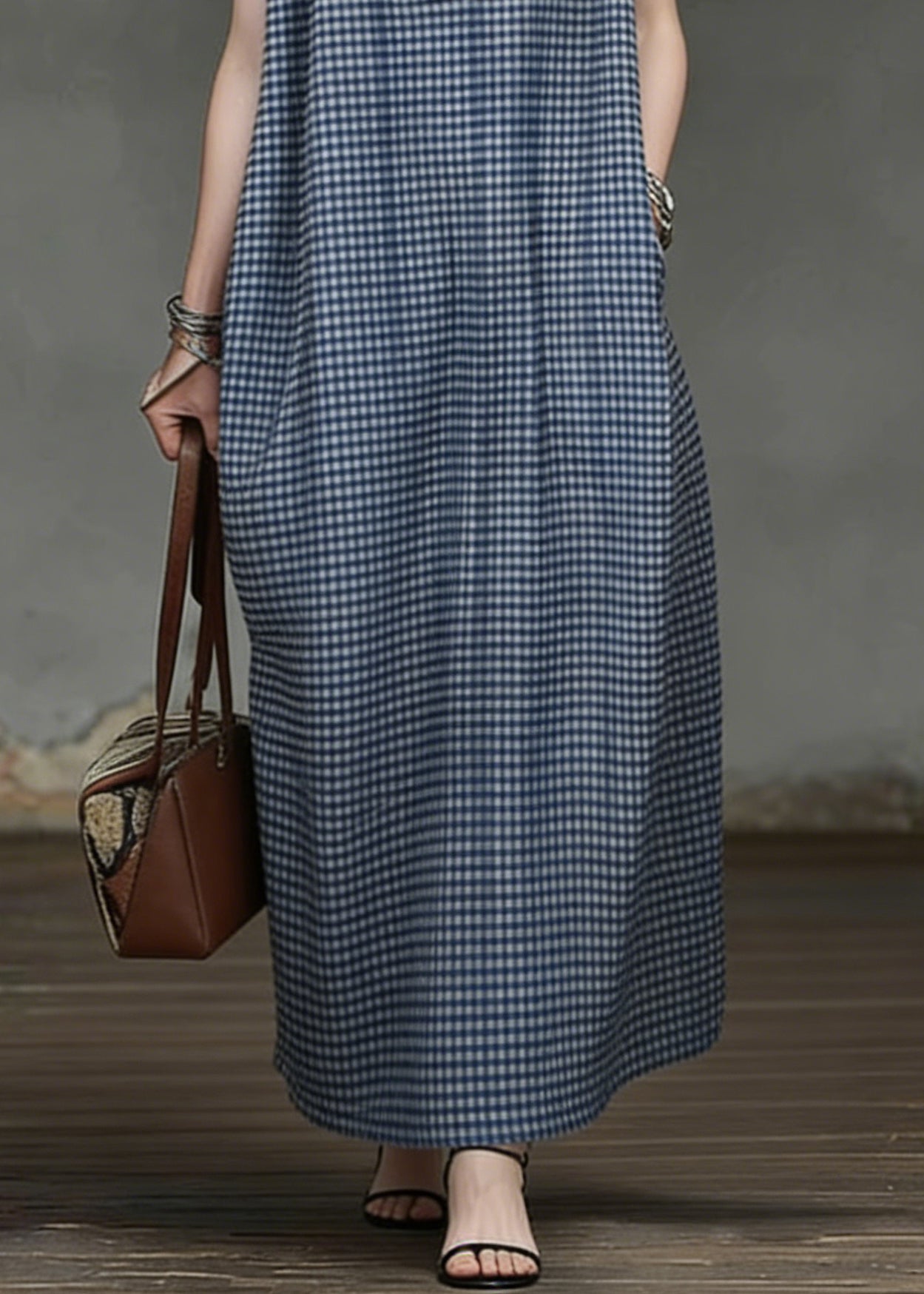 Casual Blue Plaid Pockets Cotton Maxi Dresses Summer - Omychic