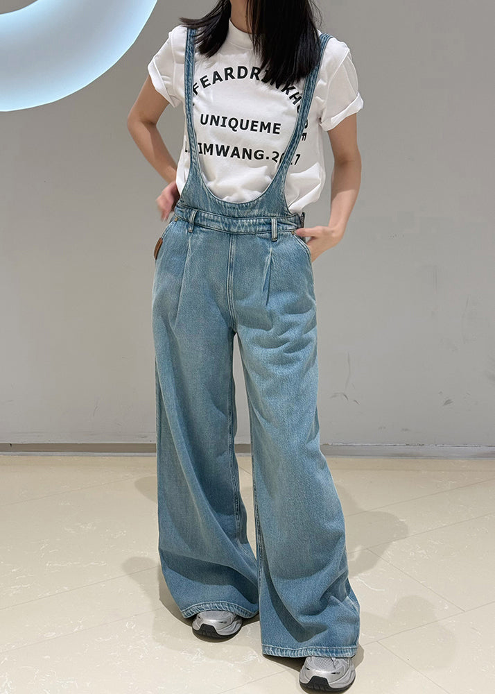 Casual Blue Pockets Denim Overalls Jumpsuit Fall