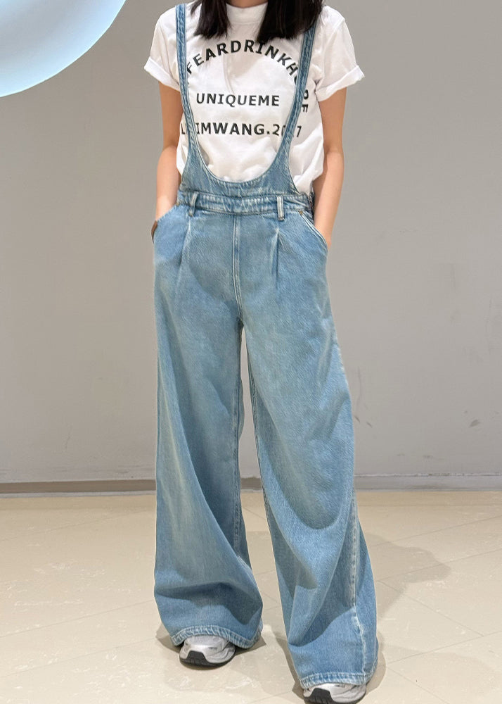 Casual Blue Pockets Denim Overalls Jumpsuit Fall