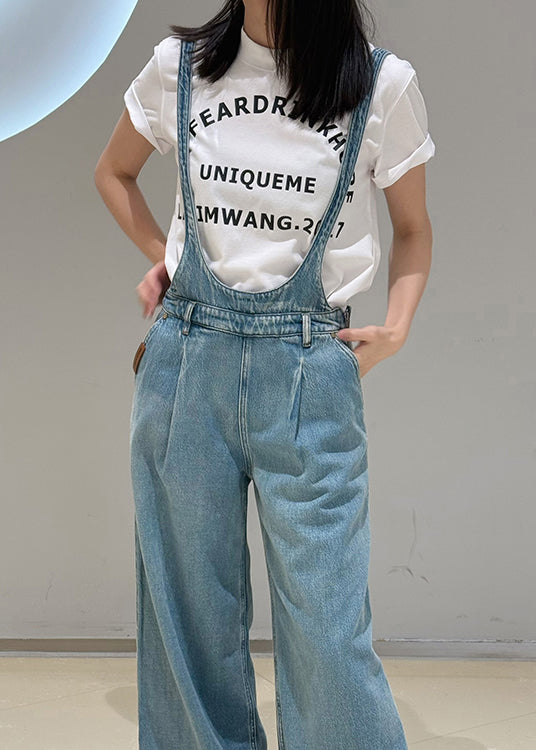 Casual Blue Pockets Denim Overalls Jumpsuit Fall