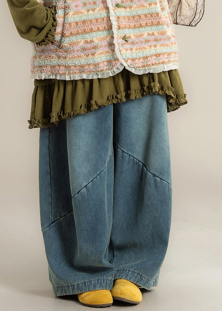 Casual Blue Pockets Denim Wide Leg Jeans