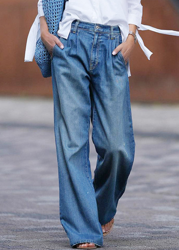 Casual Blue Pockets Denim Wide Leg Pants Spring