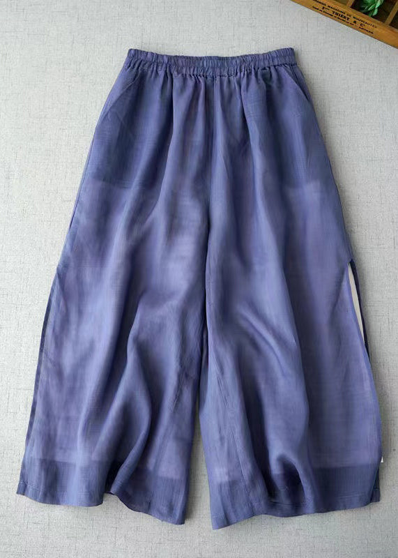 Casual Blue Pockets Elastic Waist Cotton Crop Pants Summer