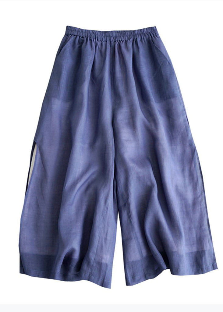 Casual Blue Pockets Elastic Waist Cotton Crop Pants Summer