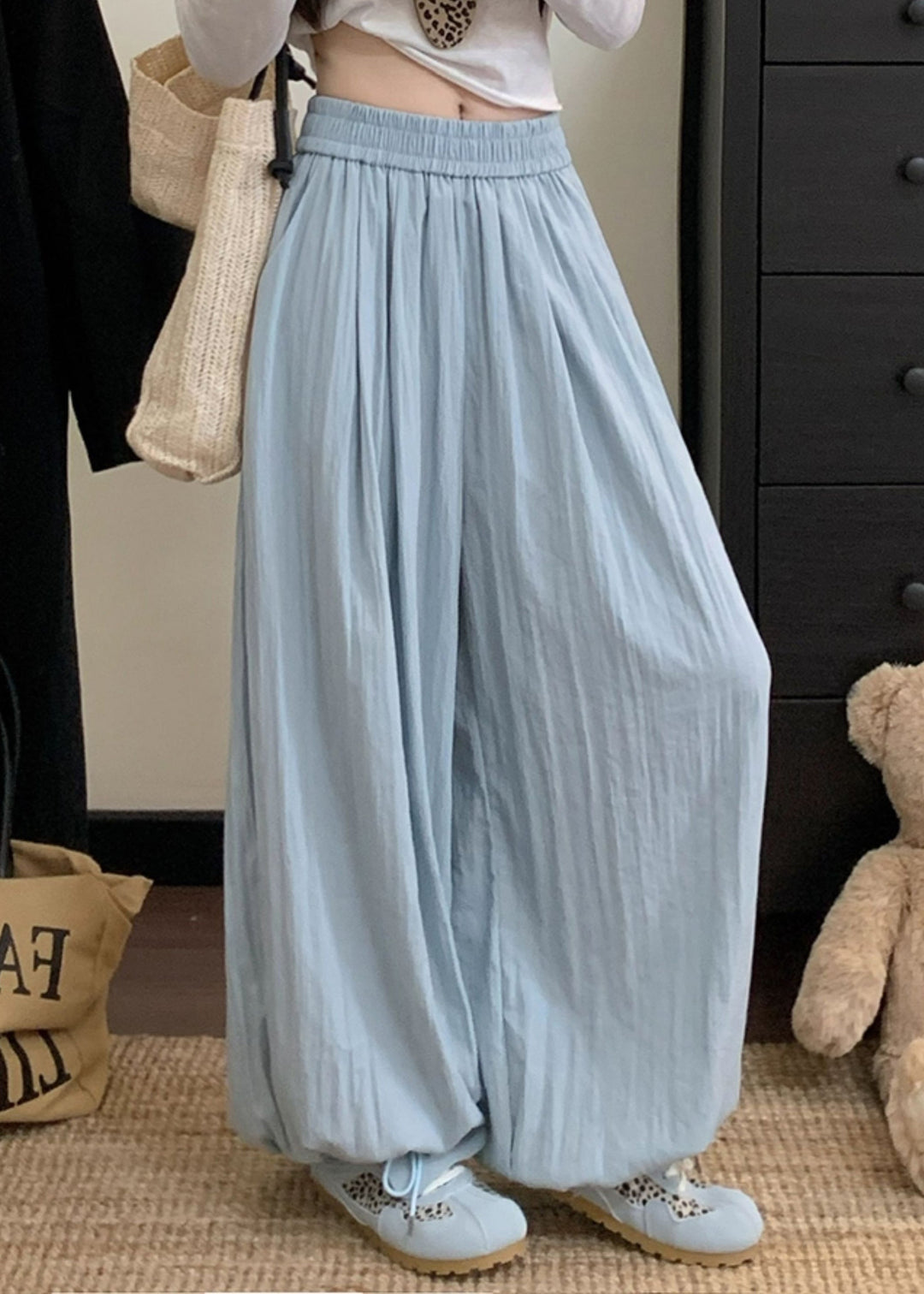 Casual Blue Pockets Elastic Waist Cotton Pants Fall