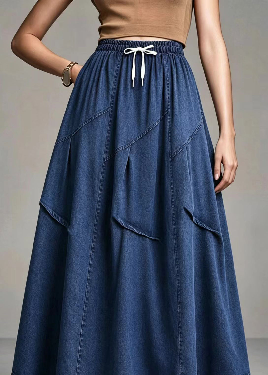 Casual Blue Pockets Elastic Waist Drawstring Denim Skirts Fall
