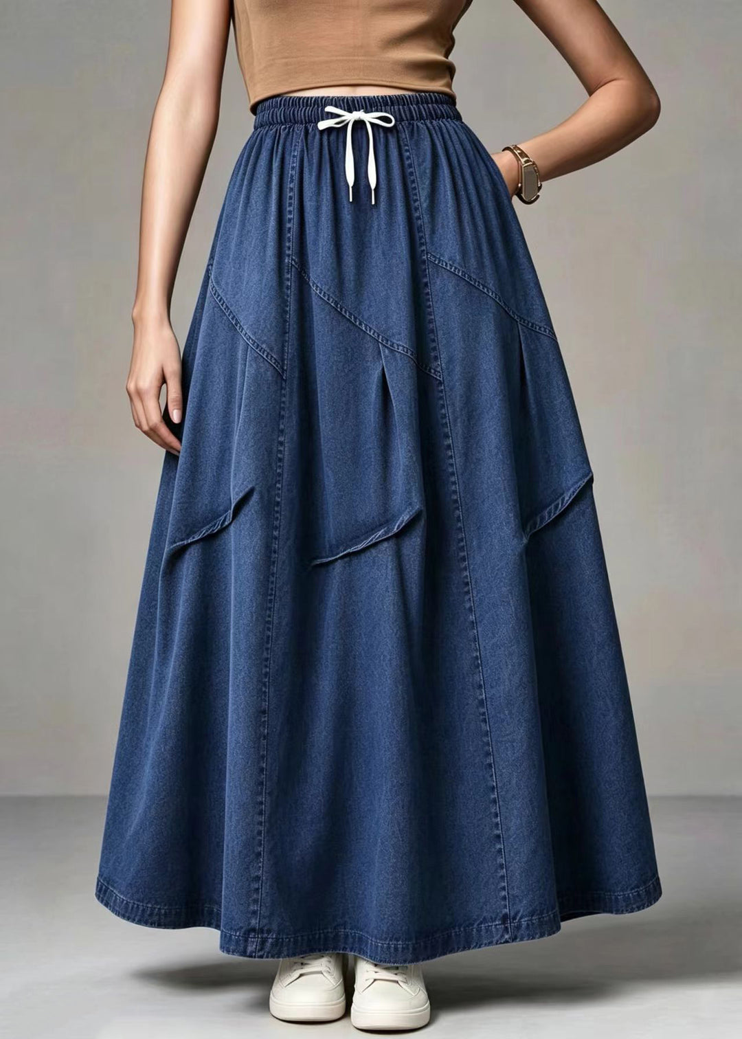 Casual Blue Pockets Elastic Waist Drawstring Denim Skirts Fall
