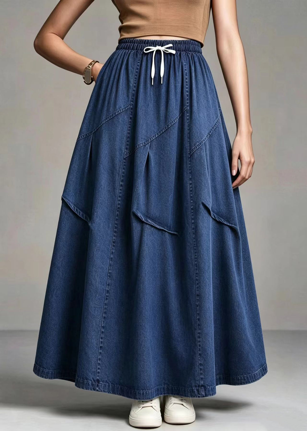 Casual Blue Pockets Elastic Waist Drawstring Denim Skirts Fall