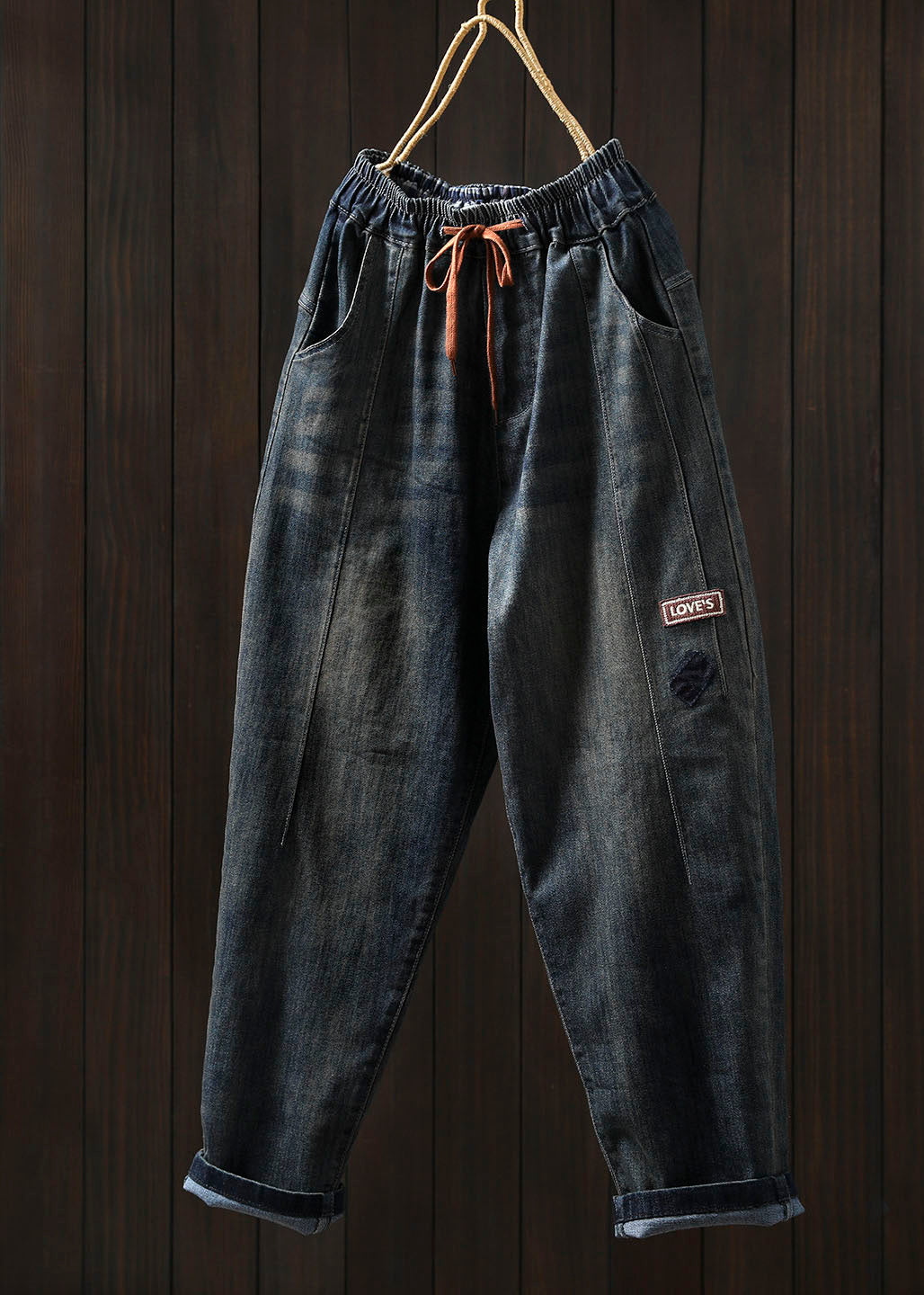 Casual Blue Pockets Elastic Waist Patchwork Denim Harem Pants Spring