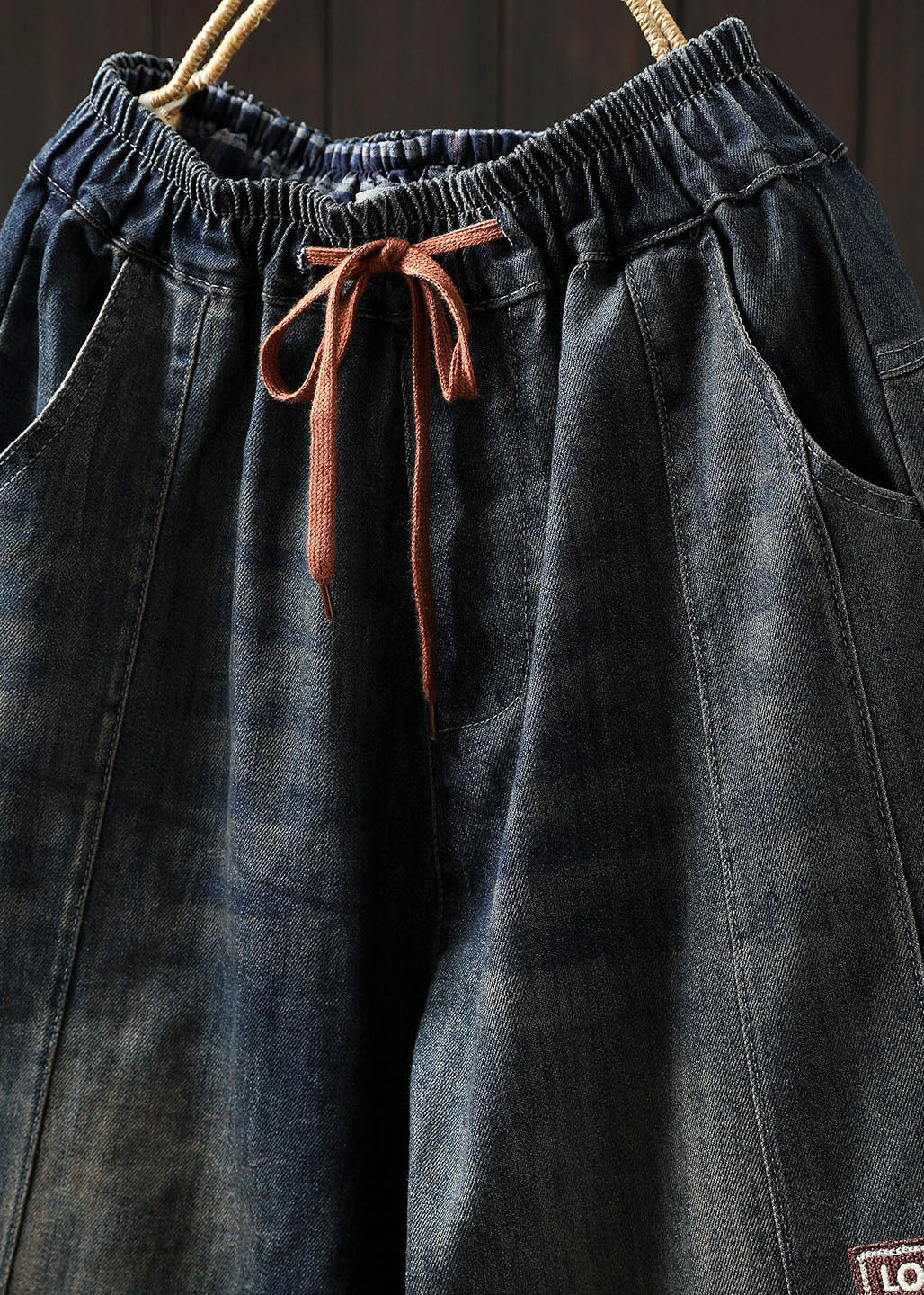 Casual Blue Pockets Elastic Waist Patchwork Denim Harem Pants Spring