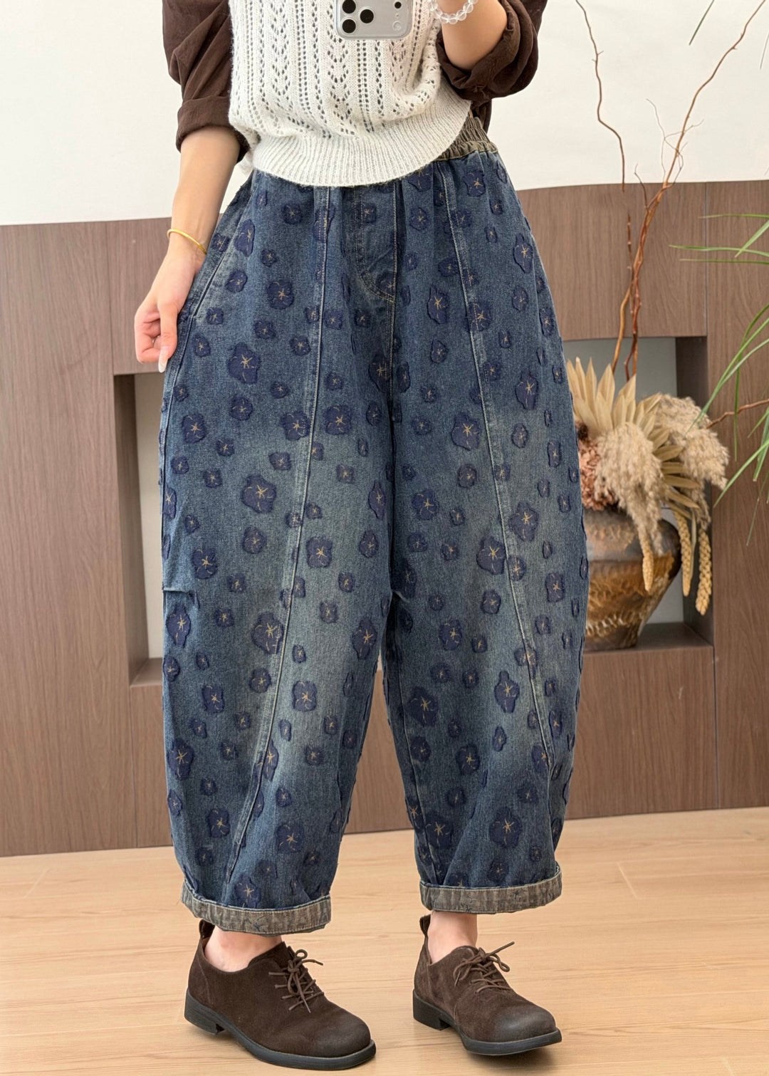 Casual Blue Pockets Jacquard Elastic Waist Denim Pants Fall