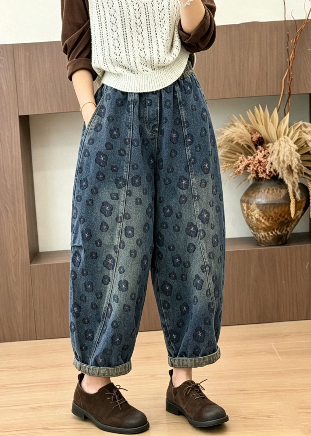 Casual Blue Pockets Jacquard Elastic Waist Denim Pants Fall