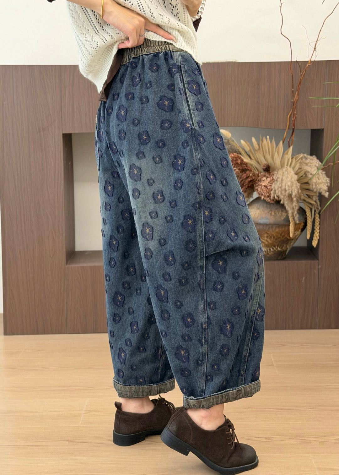 Casual Blue Pockets Jacquard Elastic Waist Denim Pants Fall
