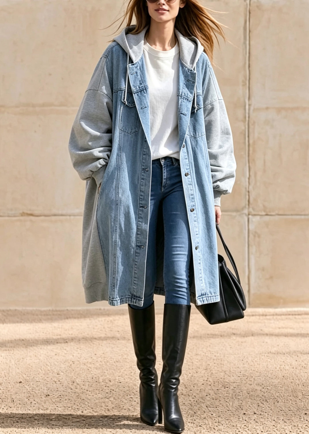 Casual Blue Pockets Patchwork Denim Hooded Coat Fall