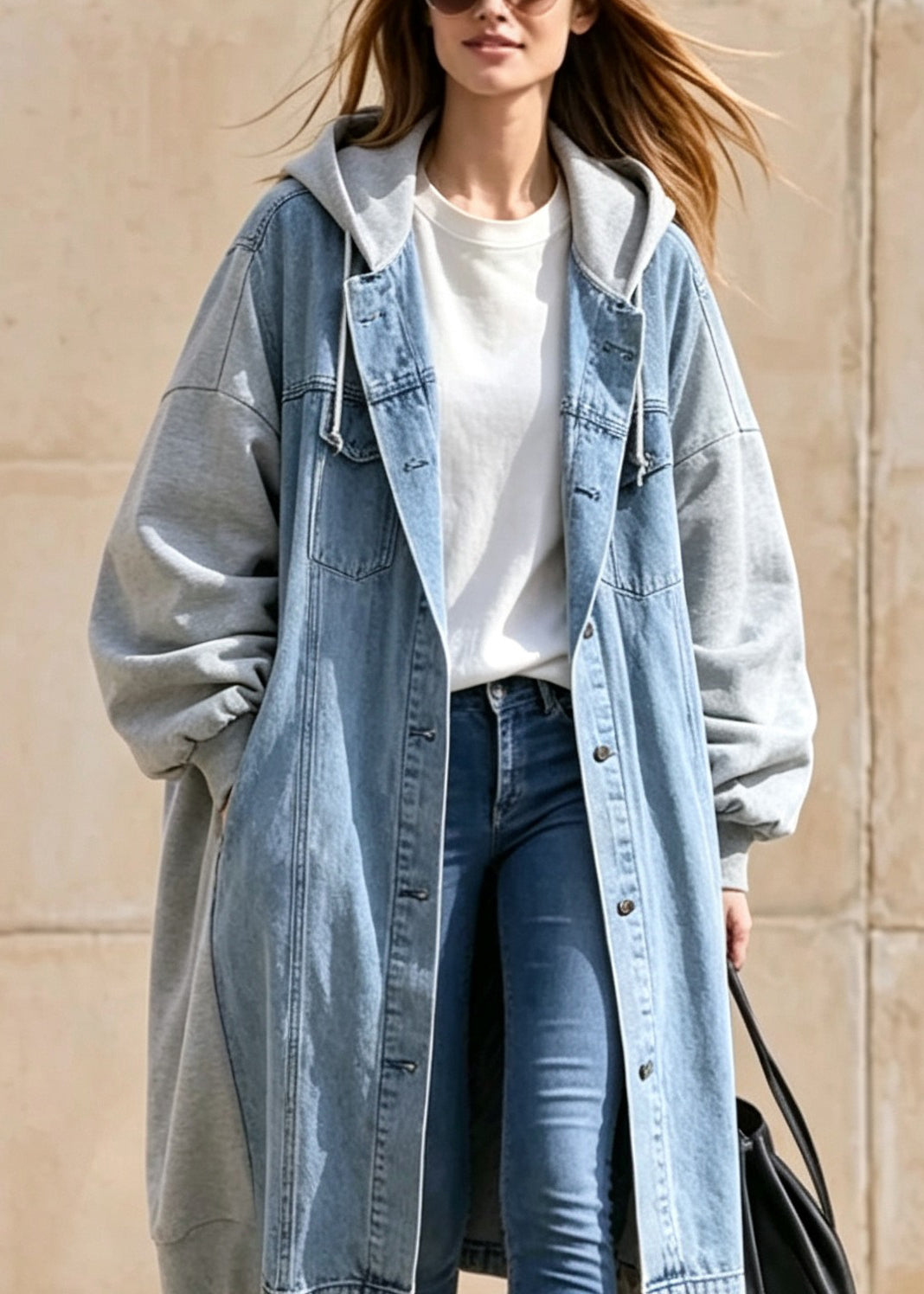 Casual Blue Pockets Patchwork Denim Hooded Coat Fall