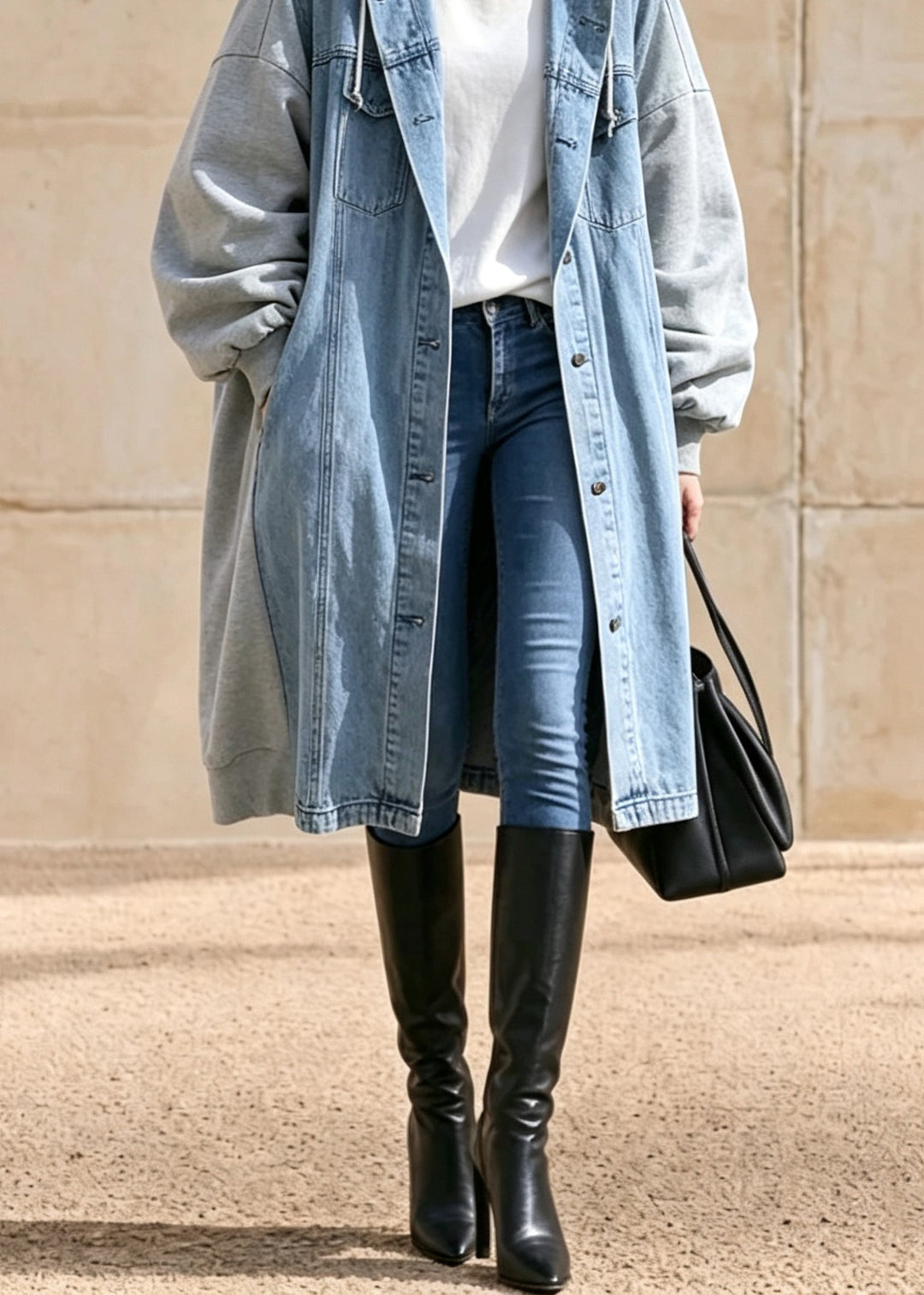 Casual Blue Pockets Patchwork Denim Hooded Coat Fall