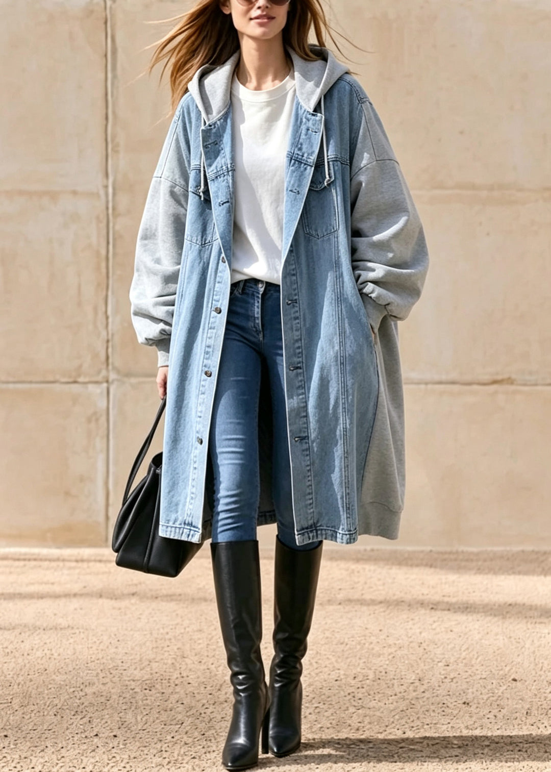 Casual Blue Pockets Patchwork Denim Hooded Coat Fall