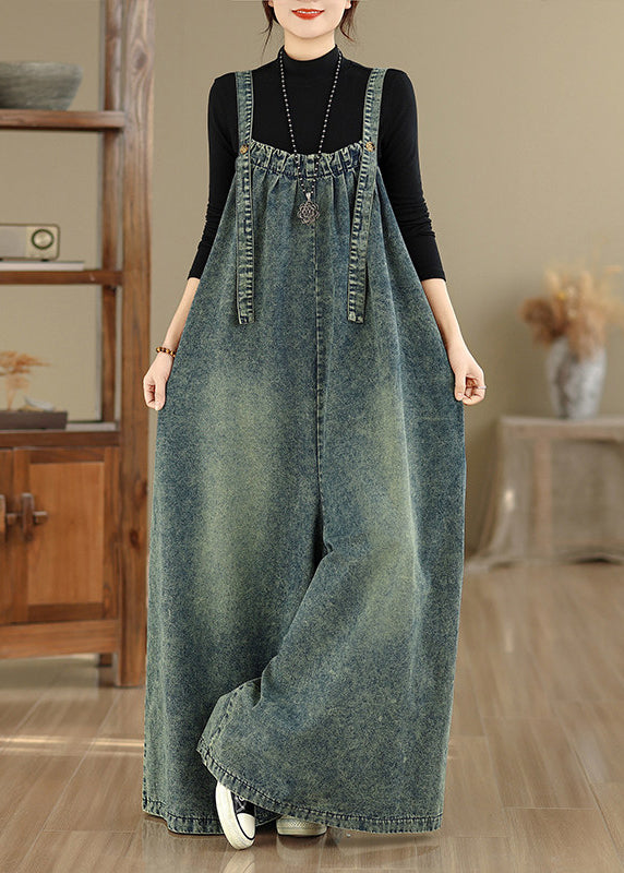Casual Blue Pockets Patchwork Denim Strap Jumpsuits Wide Leg Pants
