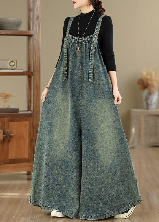 Casual Blue Pockets Patchwork Denim Strap Jumpsuits Wide Leg Pants