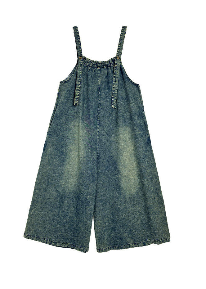 Casual Blue Pockets Patchwork Denim Strap Jumpsuits Wide Leg Pants