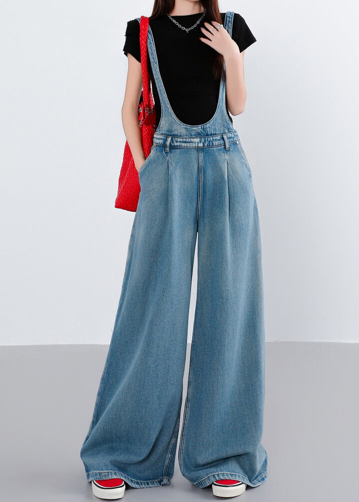 Casual Blue Pockets Patchwork Denim Wide Leg Jumpsuit Fall