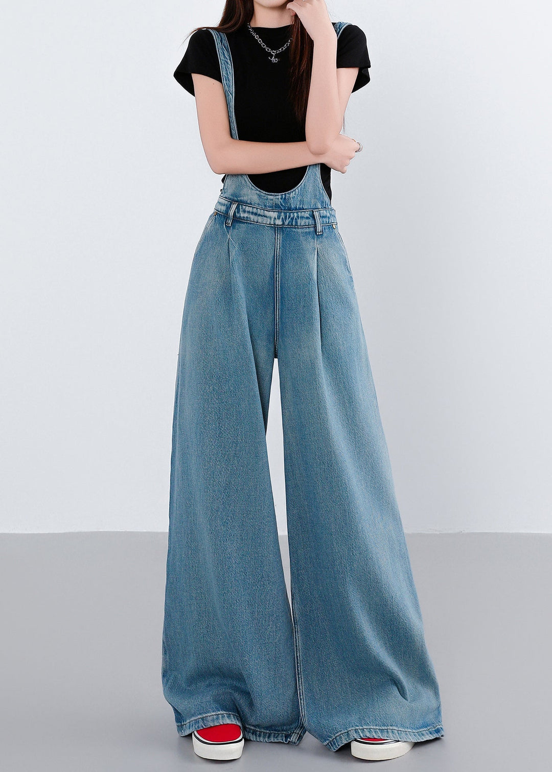 Casual Blue Pockets Patchwork Denim Wide Leg Jumpsuit Fall