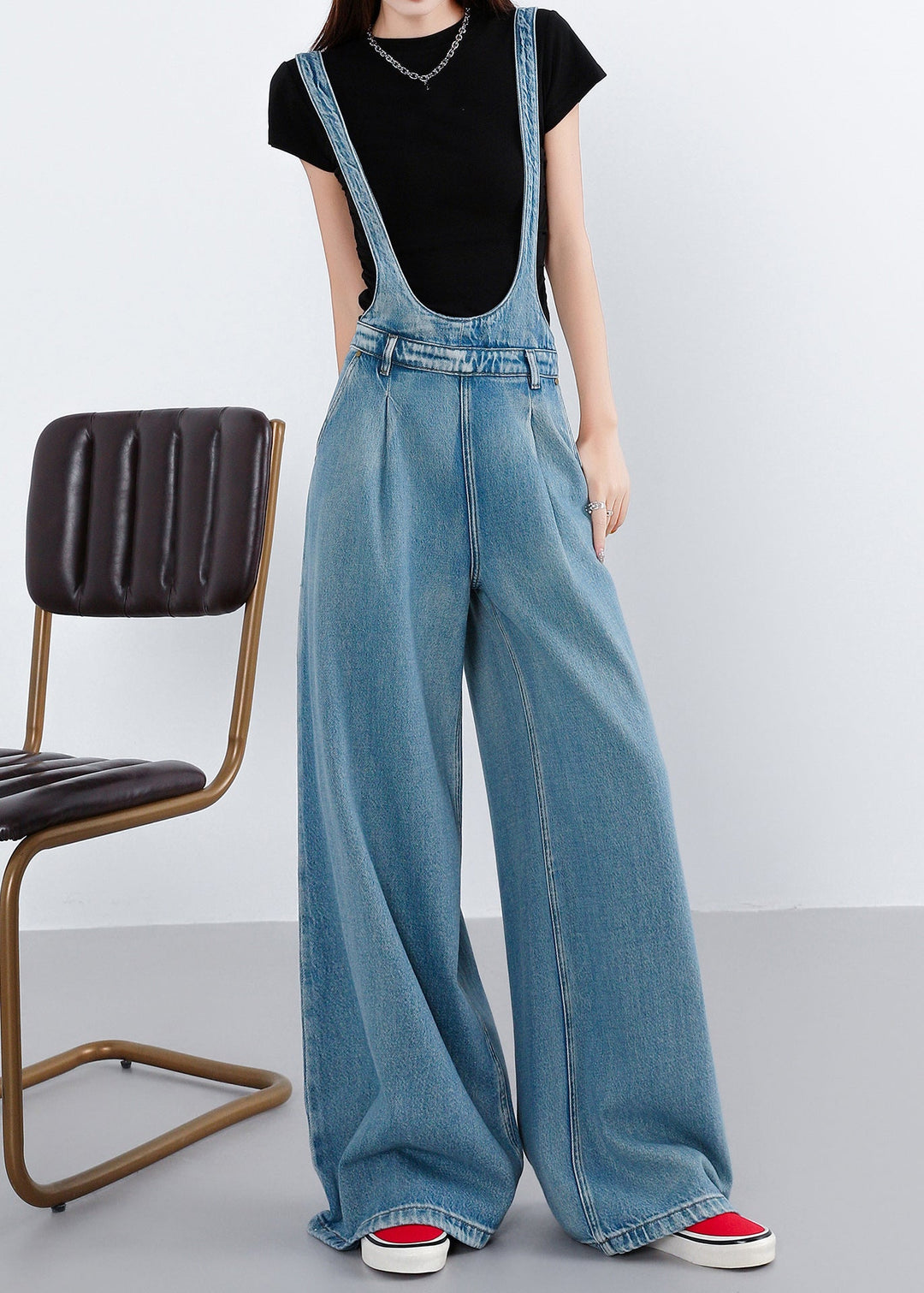 Casual Blue Pockets Patchwork Denim Wide Leg Jumpsuit Fall