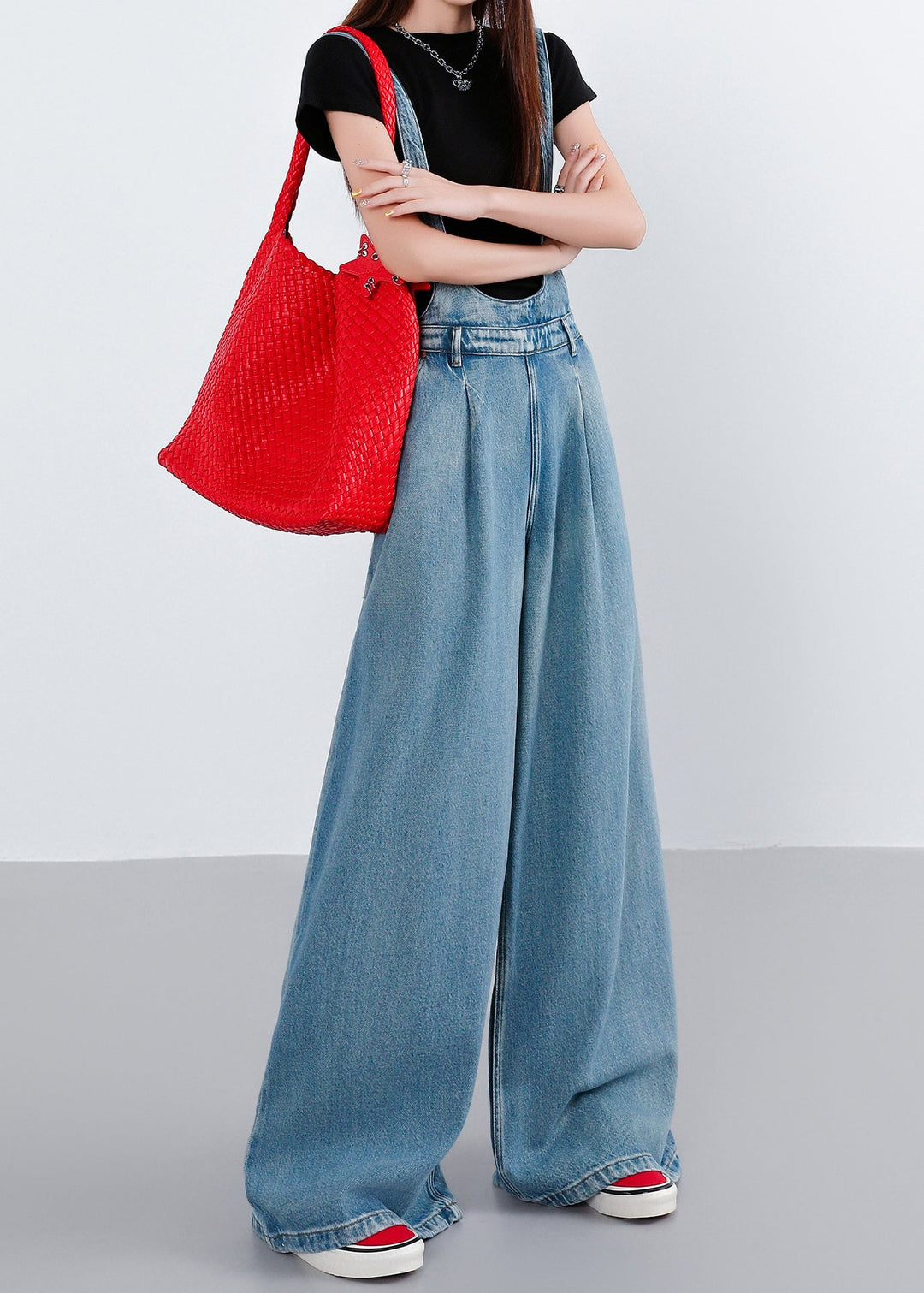 Casual Blue Pockets Patchwork Denim Wide Leg Jumpsuit Fall