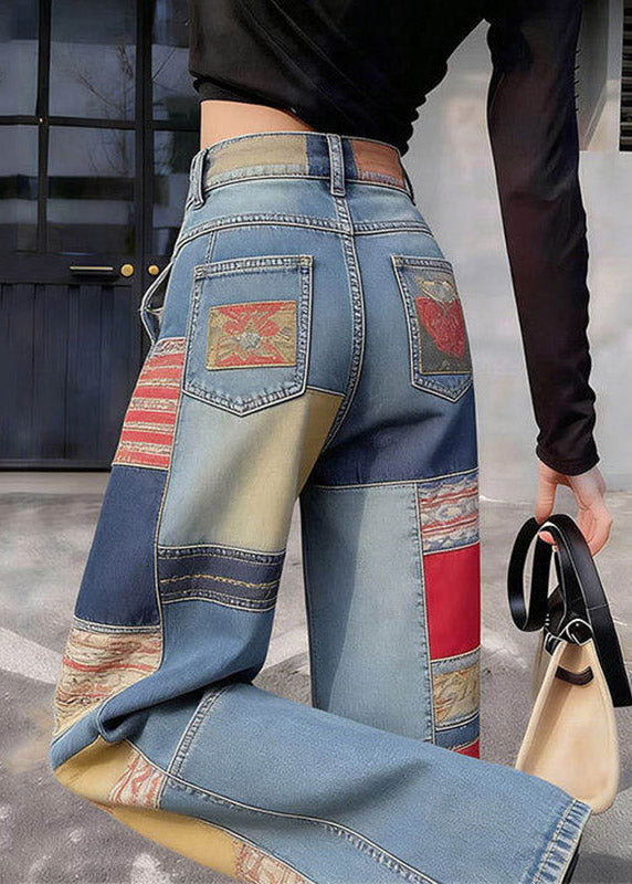 Casual Blue Pockets Patchwork High Waist Wide Leg Jeans
