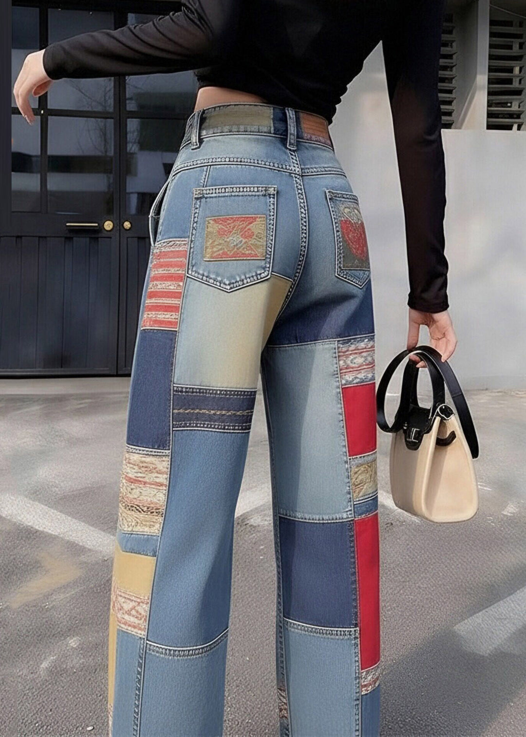 Casual Blue Pockets Patchwork High Waist Wide Leg Jeans