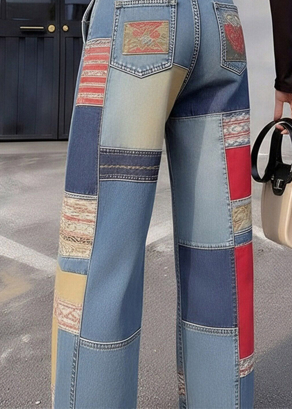 Casual Blue Pockets Patchwork High Waist Wide Leg Jeans