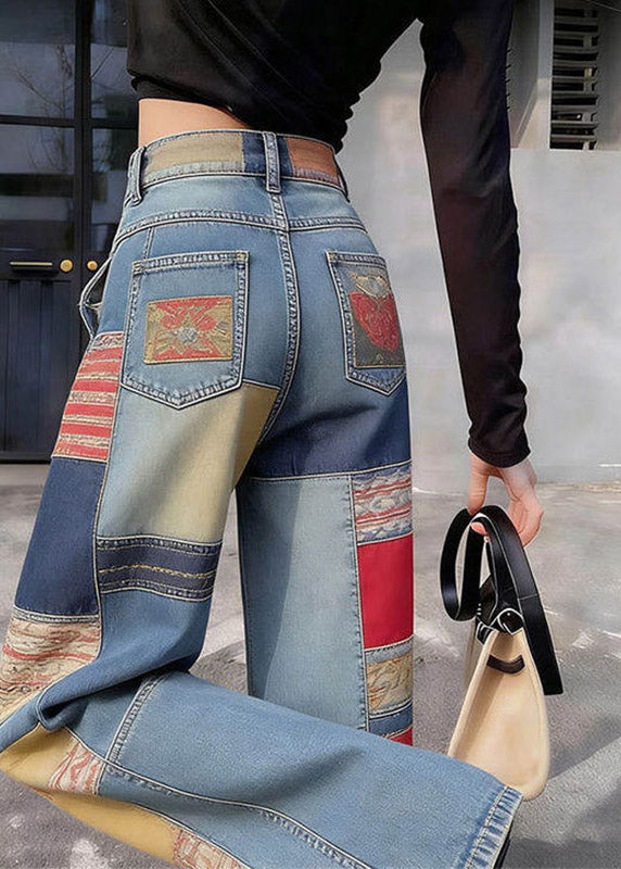 Casual Blue Pockets Patchwork High Waist Wide Leg Jeans