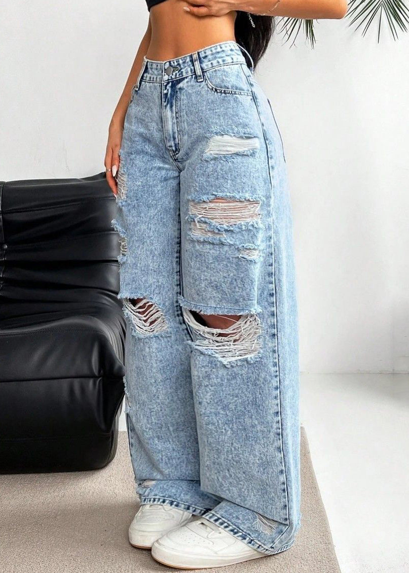 Casual Blue Pockets Patchwork Ripped Wide Leg Jeans