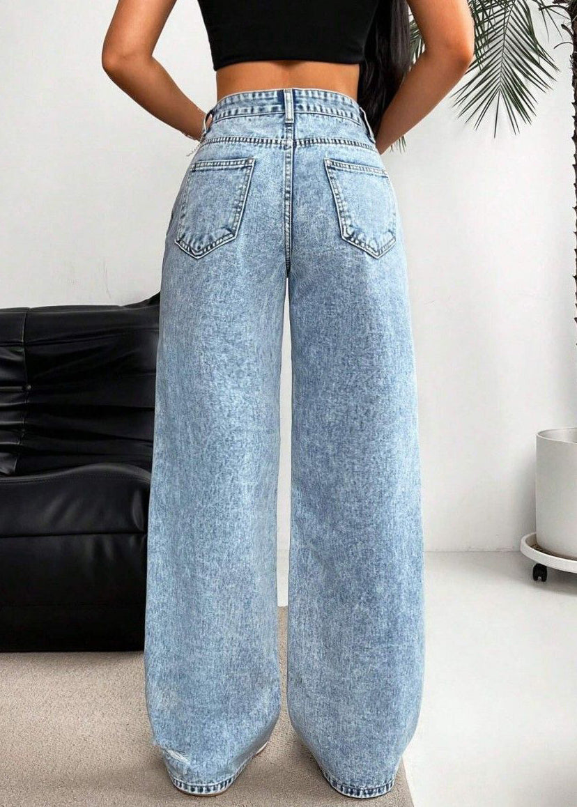 Casual Blue Pockets Patchwork Ripped Wide Leg Jeans