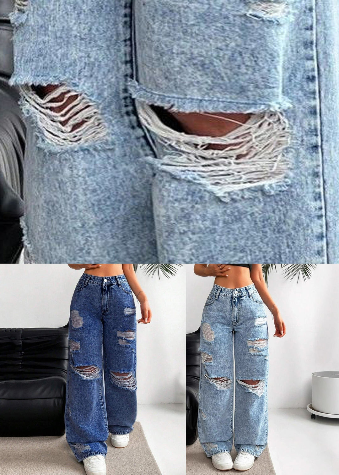 Casual Blue Pockets Patchwork Ripped Wide Leg Jeans