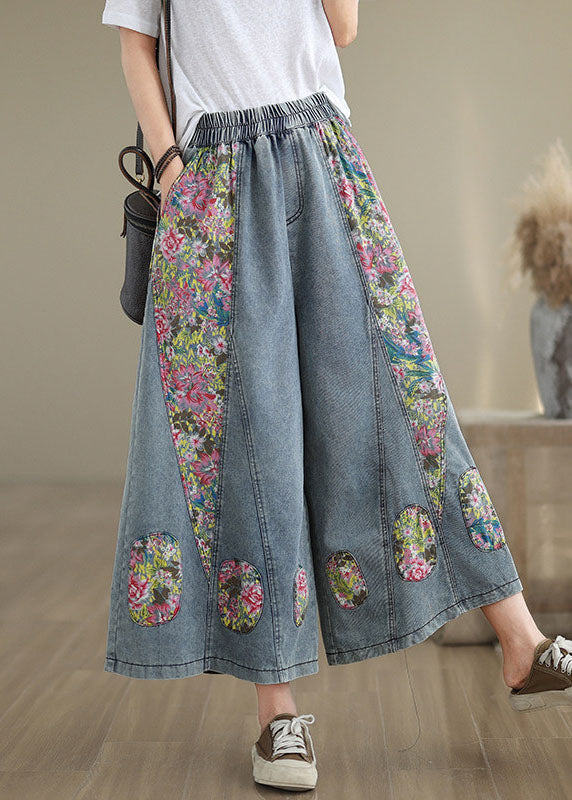 Casual Blue Pockets Print Elastic Waist Denim Crop Wide Leg Pants Summer