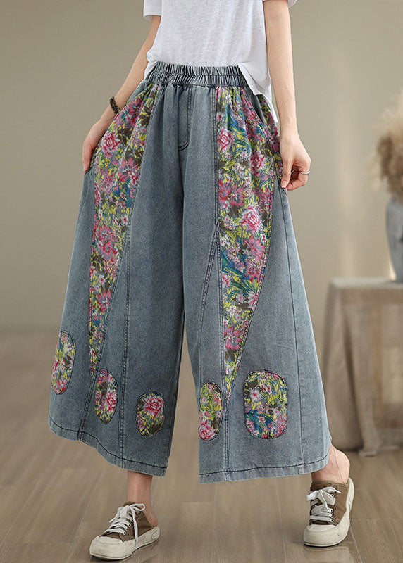 Casual Blue Pockets Print Elastic Waist Denim Crop Wide Leg Pants Summer