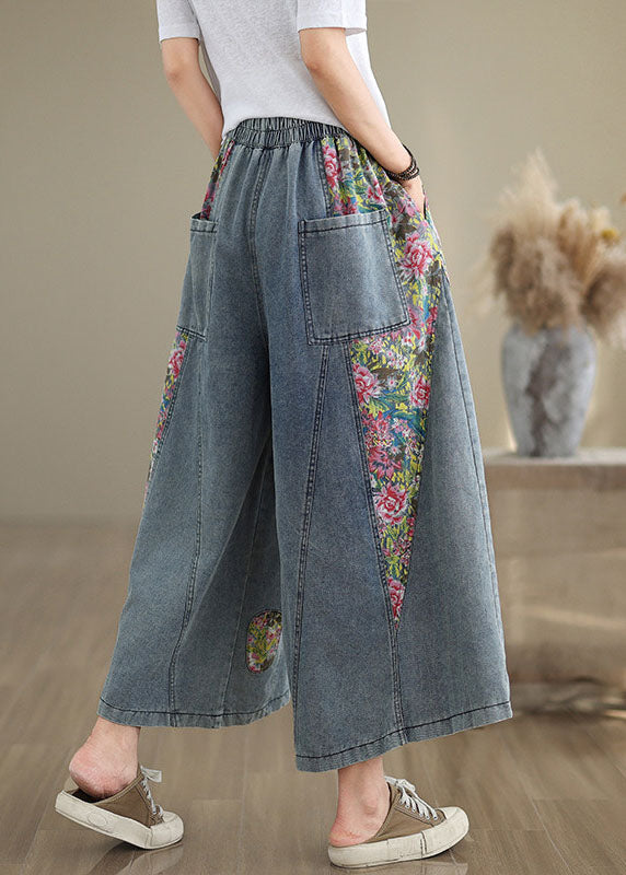 Casual Blue Pockets Print Elastic Waist Denim Crop Wide Leg Pants Summer